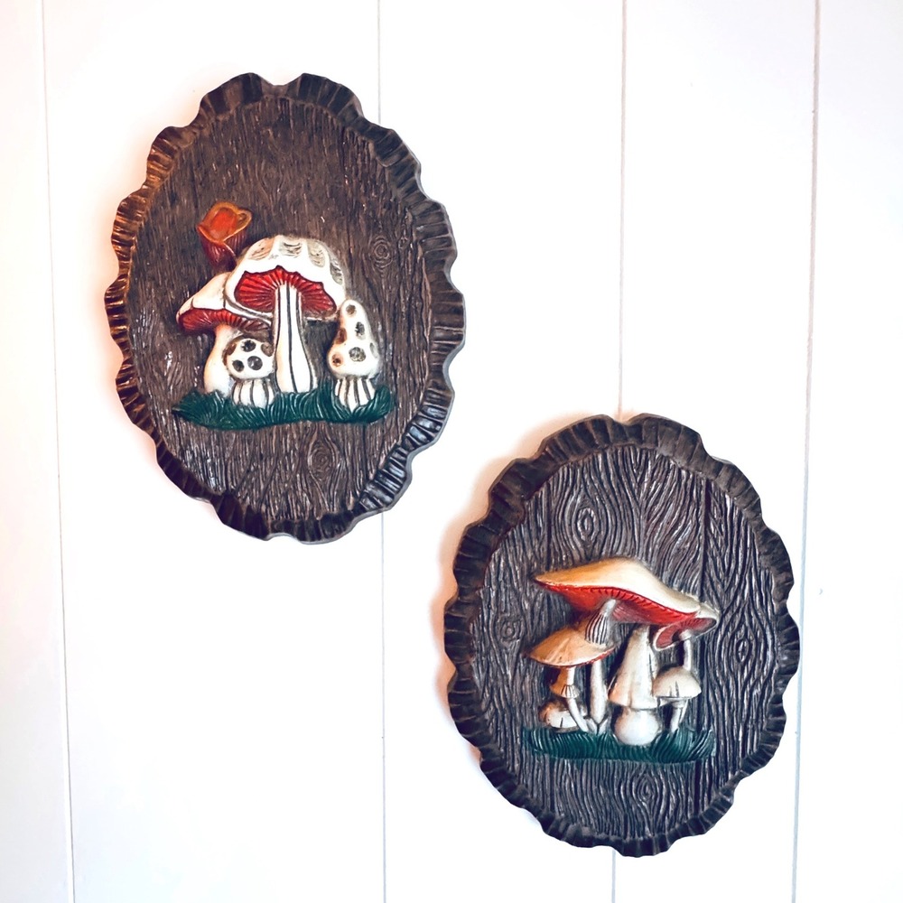 Vintage 70s Mushroom Wall Plaques Set of 2 Faux Wood 3D Relief Retro Decor